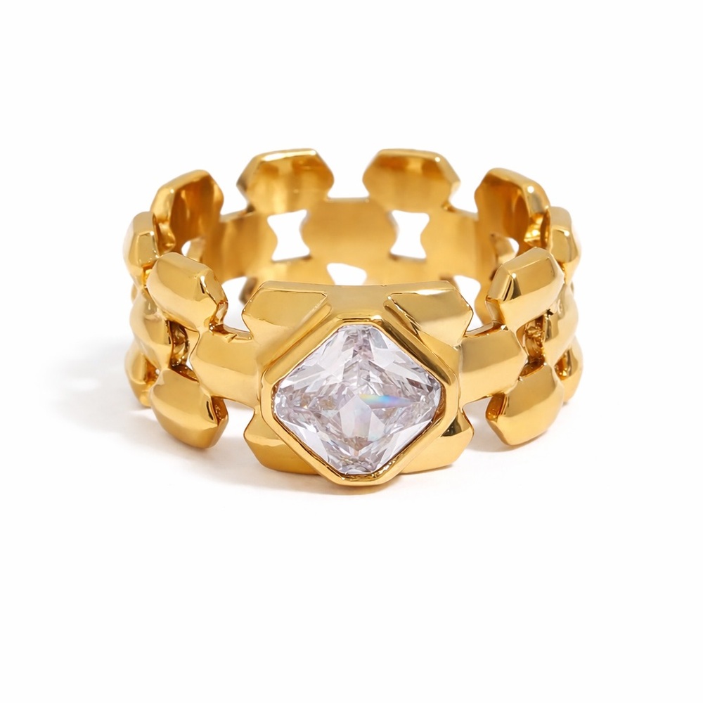 Gold Chain Ring with Clear Stone